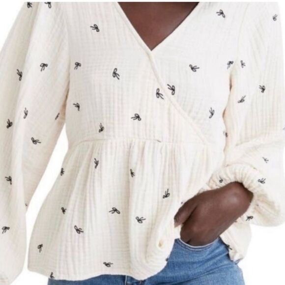 Madewell Lightspun Cotton Bow Blouse in Cream with Balloon Sleeves Size S - Picture 5 of 15